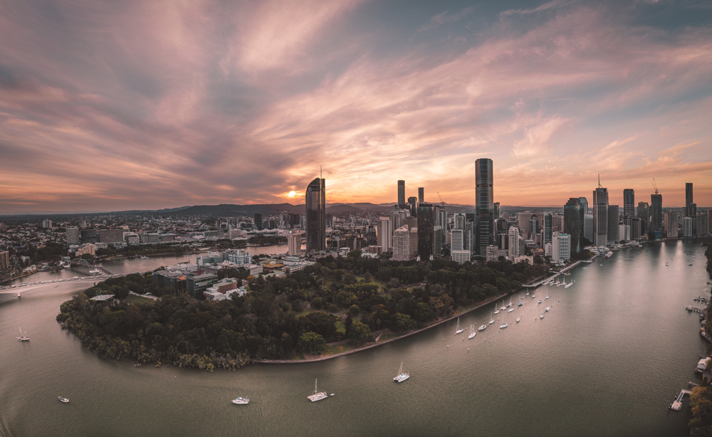 Aerial view of Brisbane at sunset