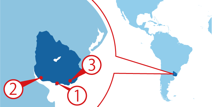 ウルグアイ地図（①モンテビデオ　②コロニア・デル・サクラメント　③プンタ・デル・エステ）