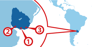 ウルグアイ地図（①モンテビデオ　②コロニア・デル・サクラメント　③プンタ・デル・エステ）