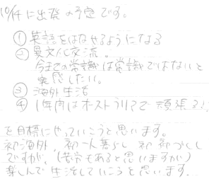 １．英語をはなせるようになる。２．異文化交流。今までの常識は常識ではないと実感したい。３．海外生活。４．１年間はオーストラリアで頑張る！を目標にやっていこうと思います。初海外、初一人暮らし、初初づくしですが（苦労もあると思いますが）楽しんで生活していこうと思います。