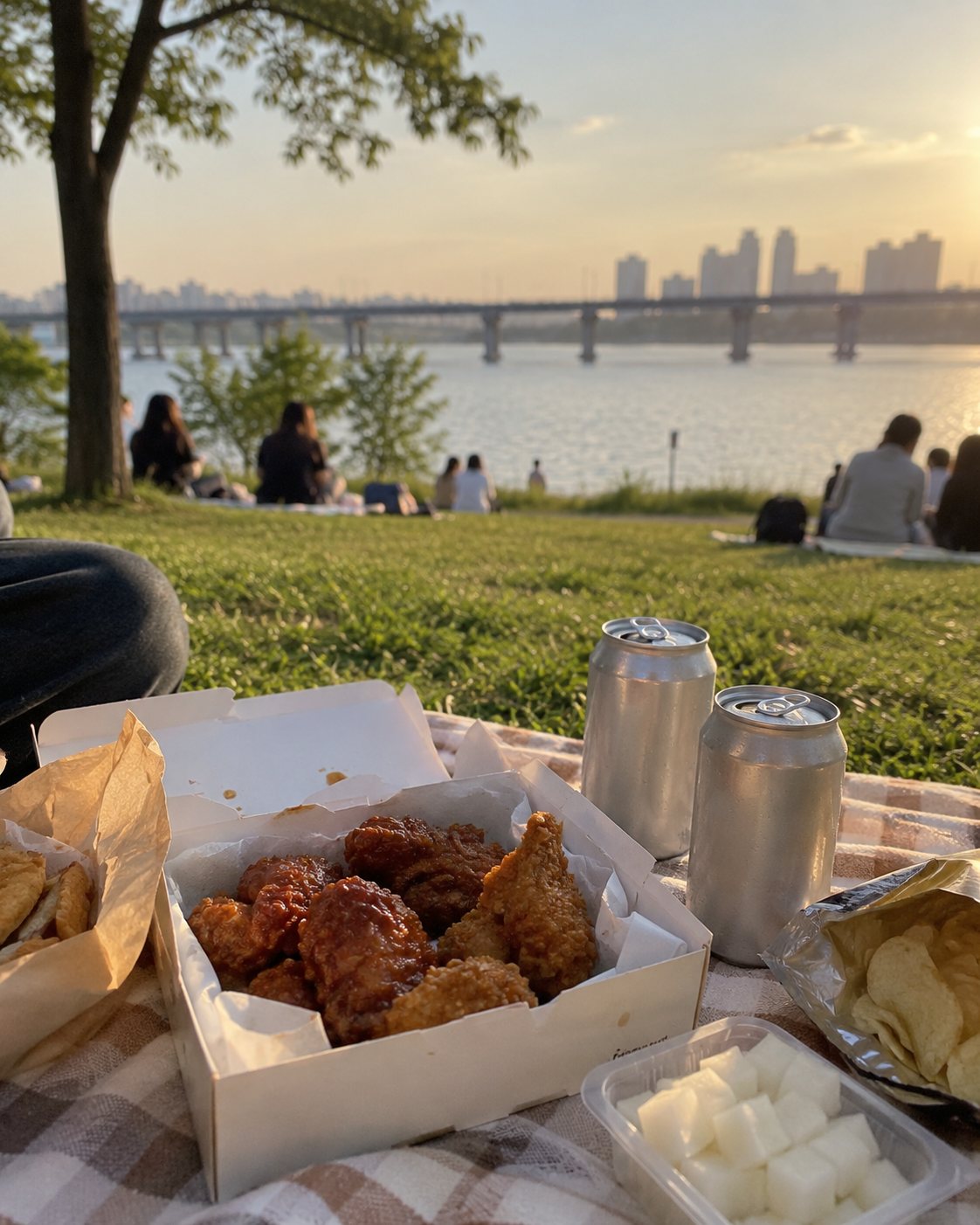 漢江の公園の芝生で、チキンと飲み物を広げたピクニック