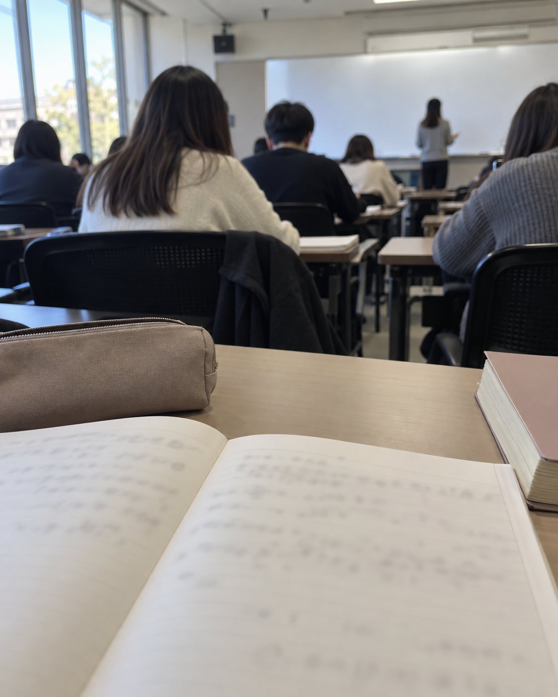 語学学校の教室。机の上に開いたノート